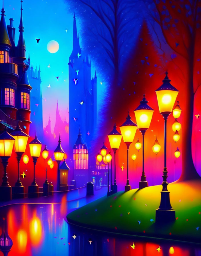 Fantastical pathway with glowing lanterns and colorful castle under moonlit sky.