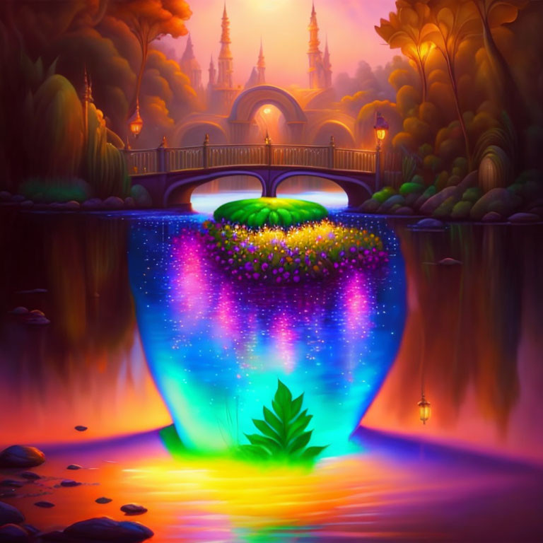 Fantastical landscape with heart-shaped portal, bridge, castles, and lush foliage