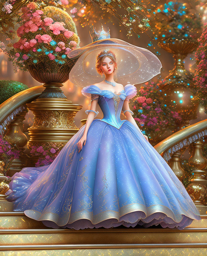 Illustration of woman in blue gown and hat in magical garden setting