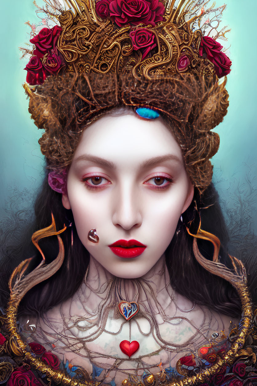 Portrait of woman with pale skin, crown of twigs and roses, intricate jewelry, serene expression on