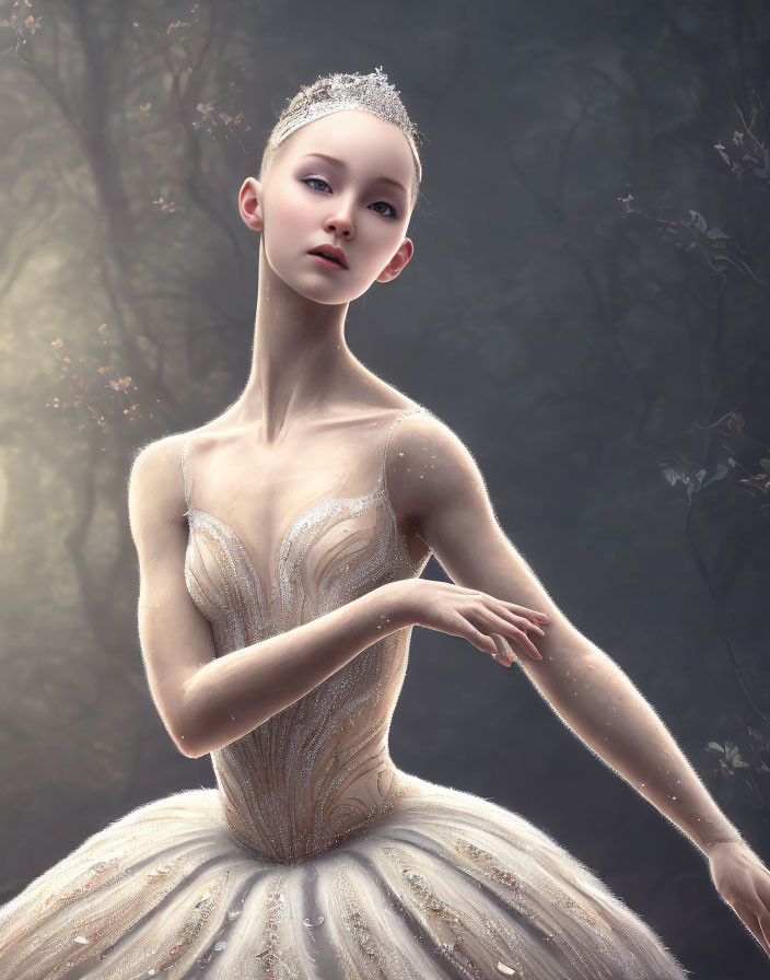 Ethereal ballerina with shimmering crown in misty forest