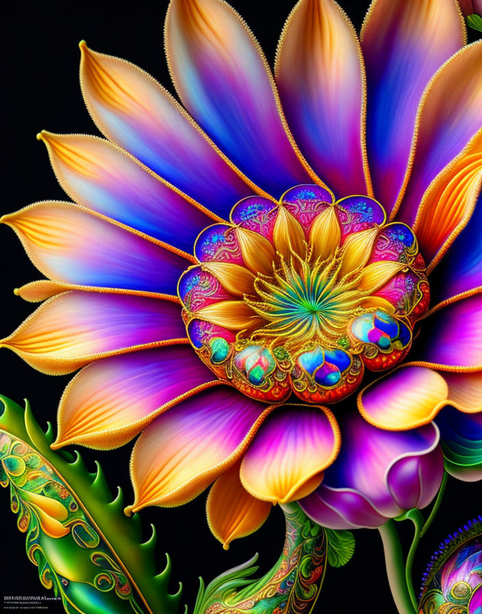 Detailed Multi-Colored Flower Digital Art on Black Background