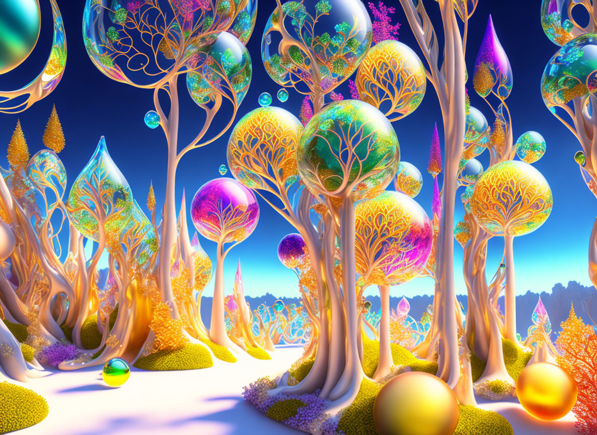 Colorful digital artwork of whimsical forest with luminous trees in dreamlike landscape