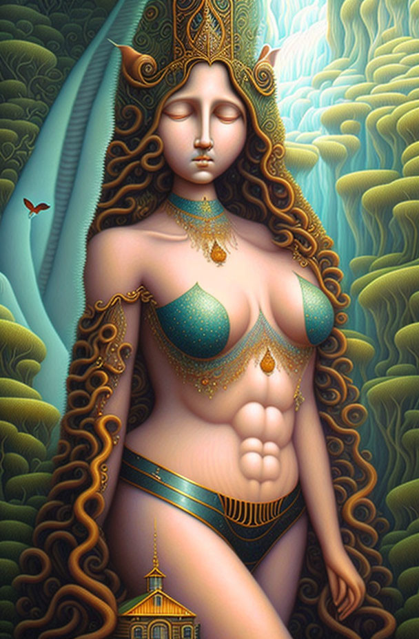 Stylized artwork of a woman with long curly hair and ornate headgear in surreal scenery