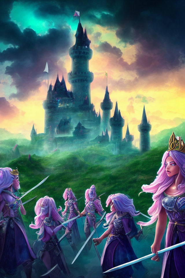 Group of female warriors with purple hair and armor holding swords in front of majestic castle at dusk