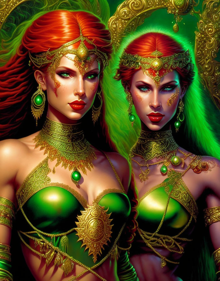 Two Women with Striking Red Hair and Green Eyes in Gold Jewelry and Green Attire against Green Background