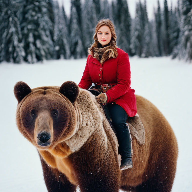 Woman in red coat and scarf riding brown bear in snowy forest