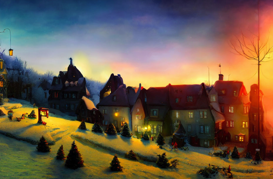 Colorful snowy village illustration with horse-drawn sleigh and radiant sky.