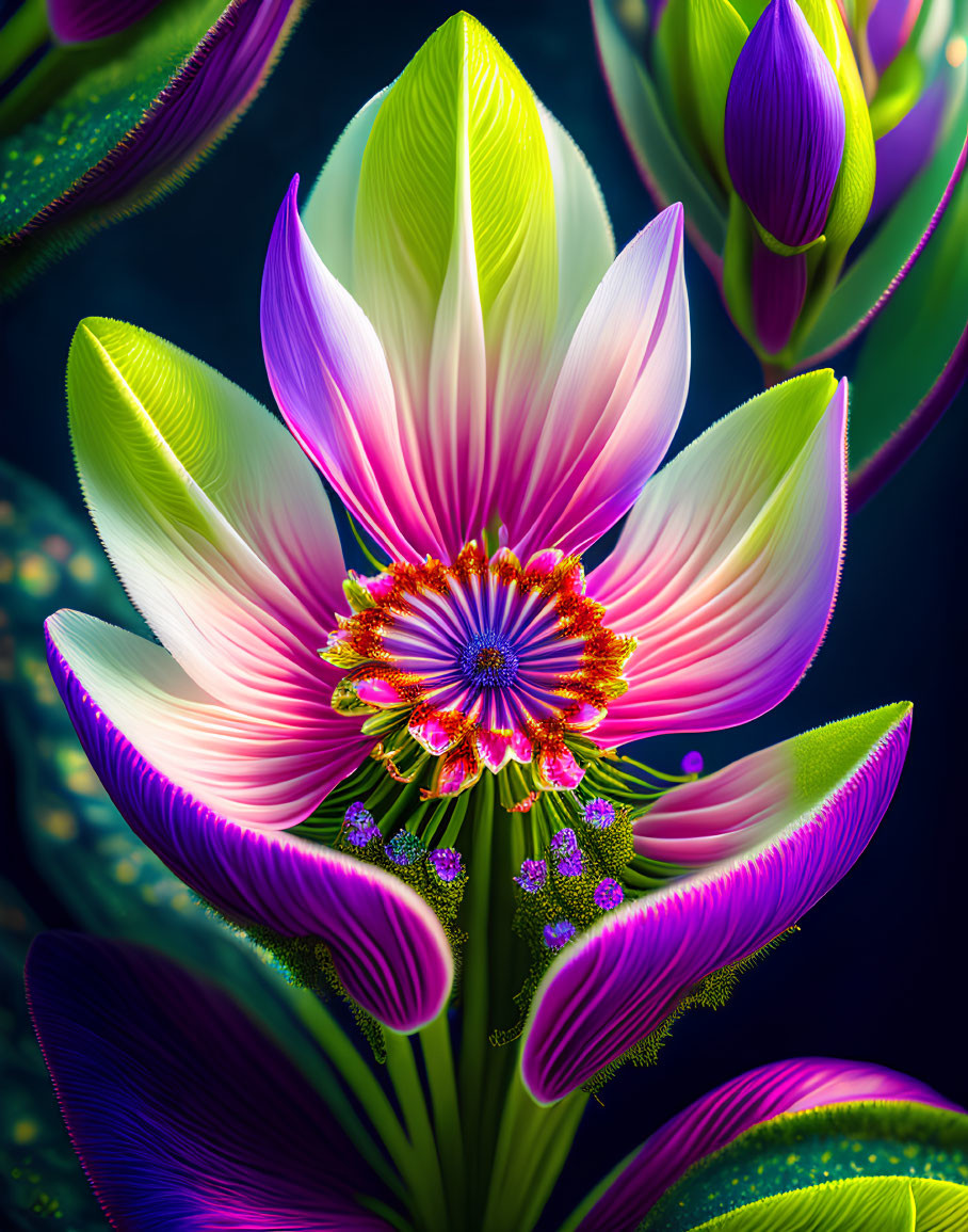 Colorful Abstract Flower Illustration with Green and Purple Petals