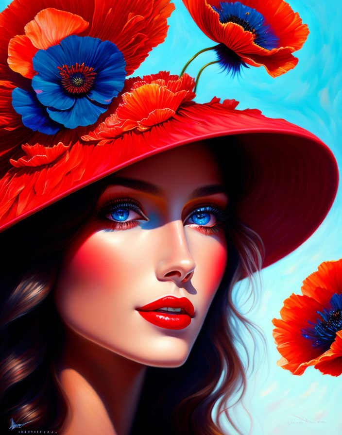 Digital Artwork: Woman with Blue Eyes, Red Lips, and Poppy Hat