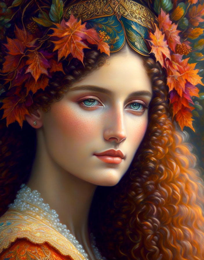 Portrait of woman with curly auburn hair and autumn leaves headpiece.