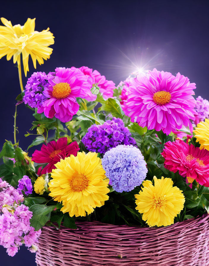 Assorted colorful flowers in wicker basket on dark background