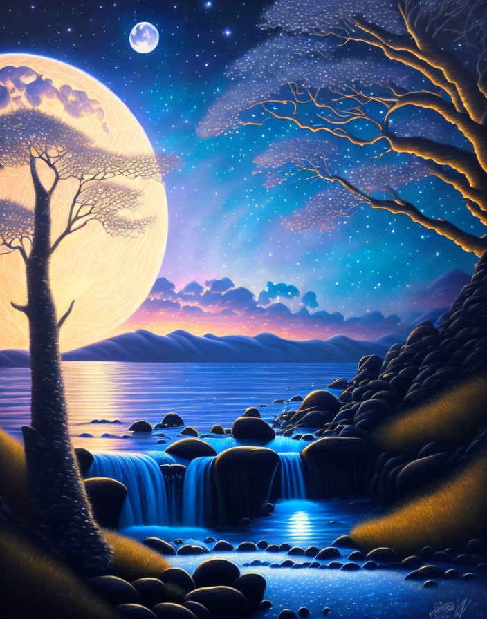 Surreal night landscape with moon, glowing tree, waterfall, and lake