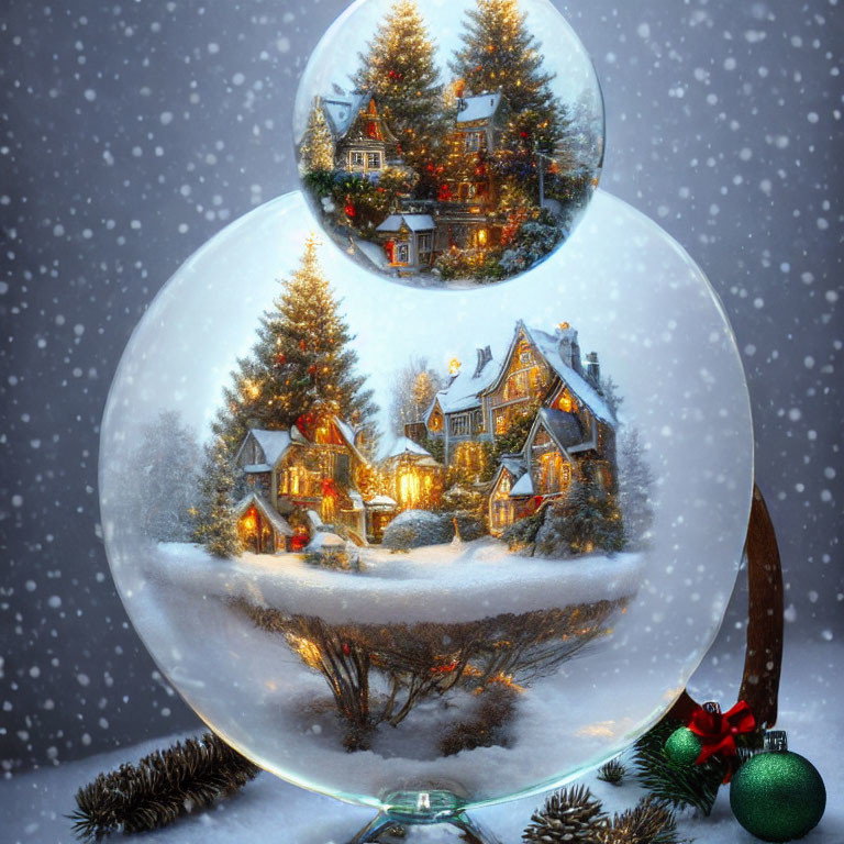 Snow Globe with Snowy Village and Decorated Tree Scene