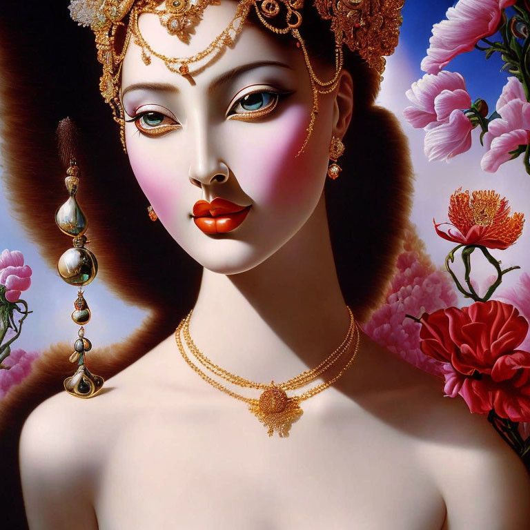 Digital Artwork: Woman with Ornate Jewelry and Flowers