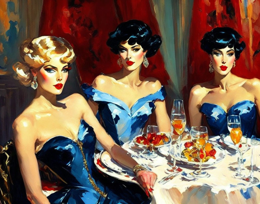 Vibrant painting of three elegantly dressed women at a table with wine and fruit