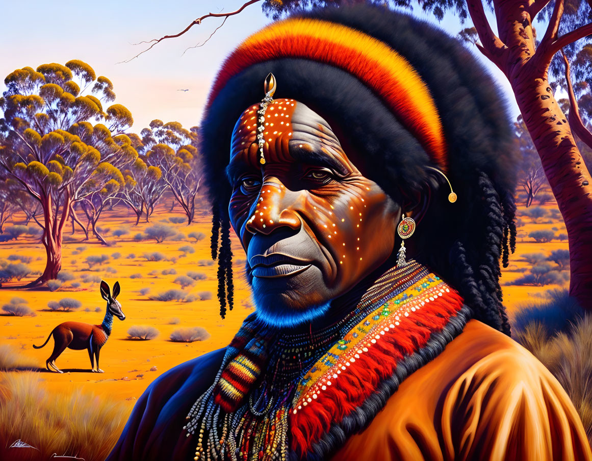 Colorful Indigenous Person in Traditional Attire with Kangaroo in Outback