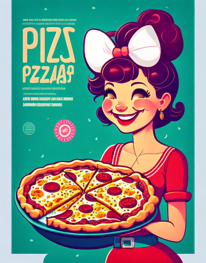 Cheerful woman with bow holding pizza on teal background