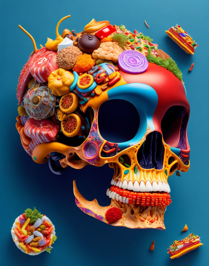 Vivid digital artwork: skull with half made of colorful foods