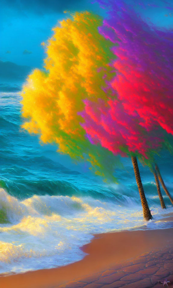 Colorful gradient tree by blue ocean with sandy shore