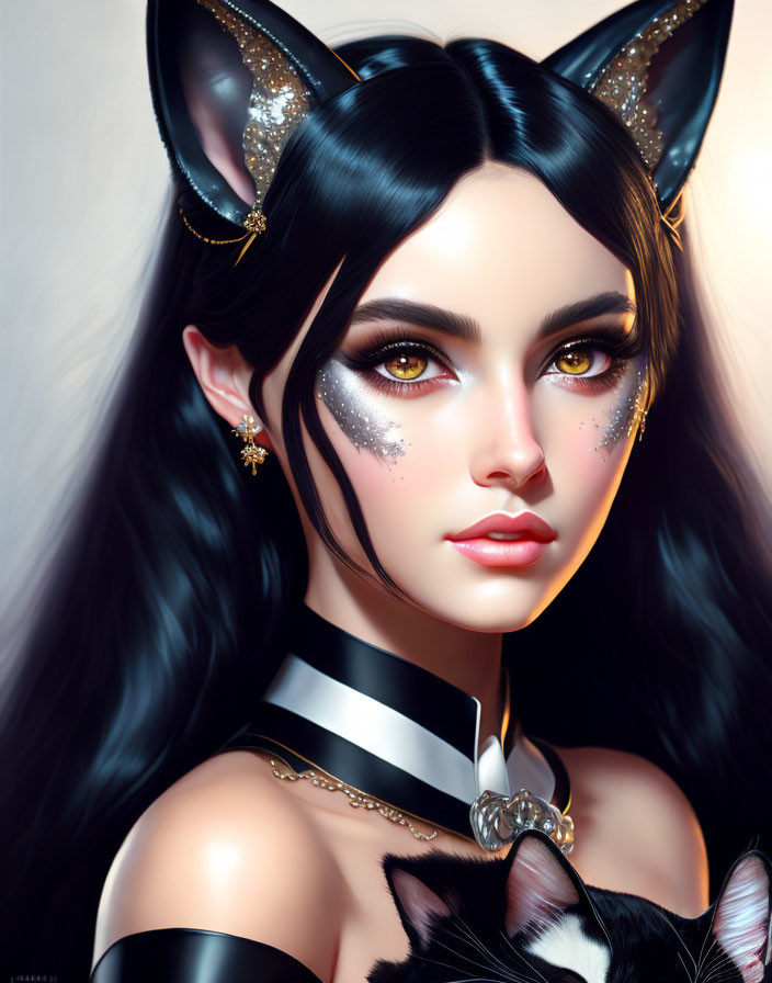 Digital artwork of woman with cat-like features and sparkling details, with black cat.