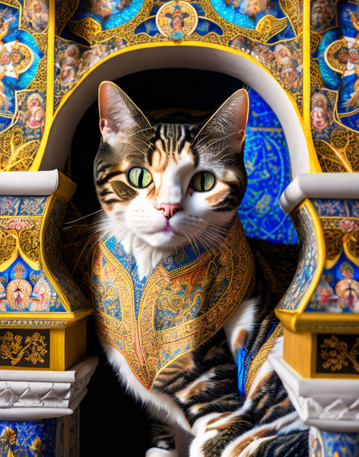 Green-eyed cat on ornate colorful pattern resembling ceramic art