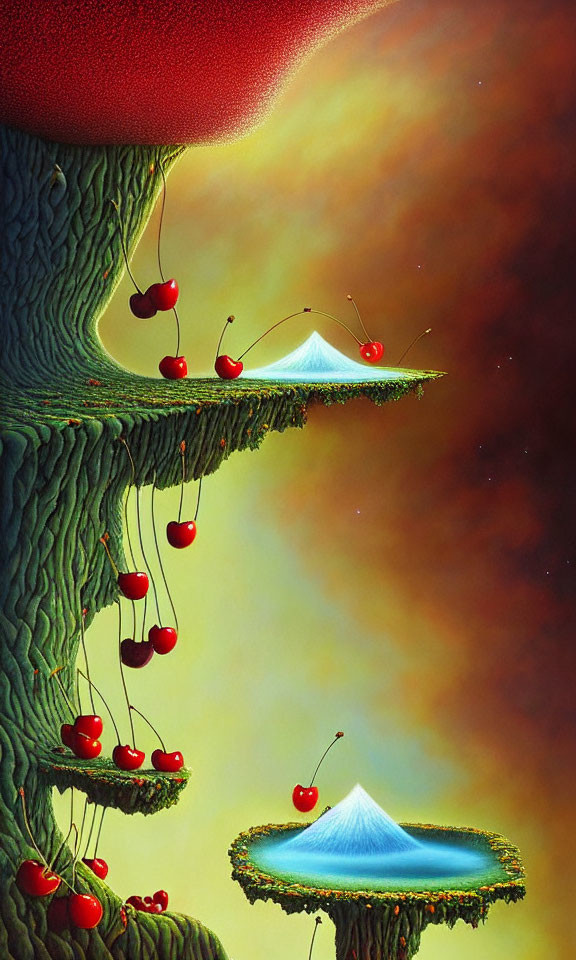 Surreal artwork: Tree with cherries, umbrellas, red sky