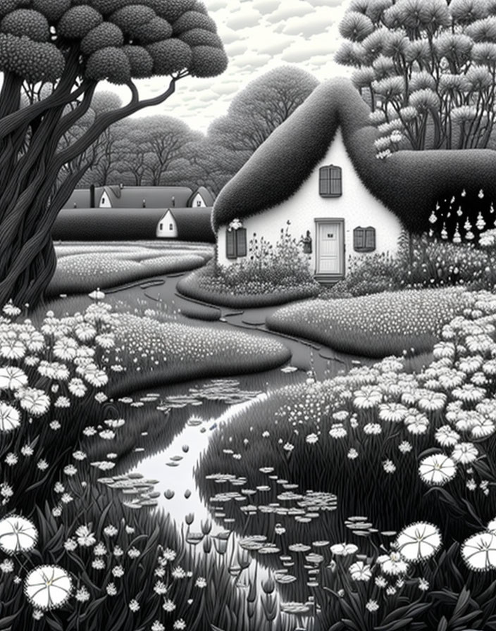 Whimsical grayscale countryside with thatched-roof cottages, stream, gardens, and trees