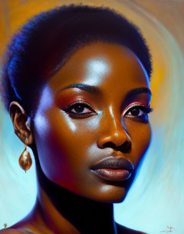 Dark-skinned woman's portrait on vibrant gradient background.