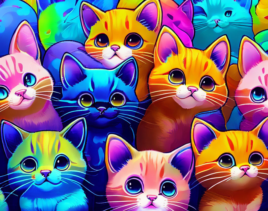 Colorful Cartoon Cats Illustration with Expressive Eyes