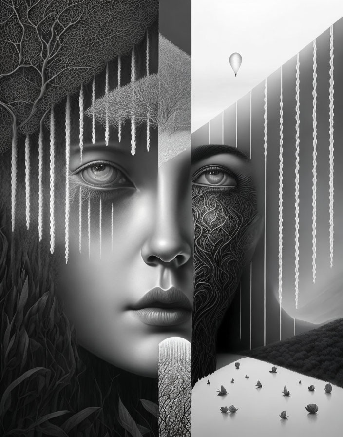 Surreal black and white artwork: face split with natural textures and geometric shapes