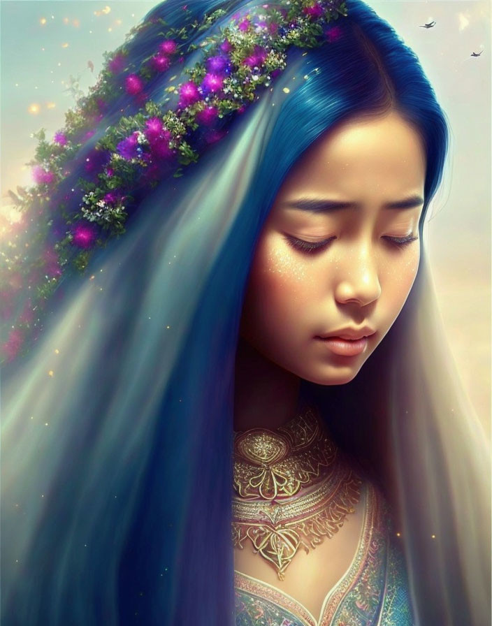 Young woman with blue hair and gold jewelry in serene setting.