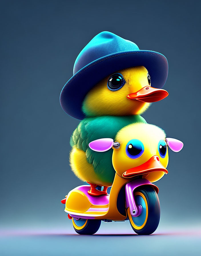 Colorful Duck Illustration on Scooter with Blue Hat