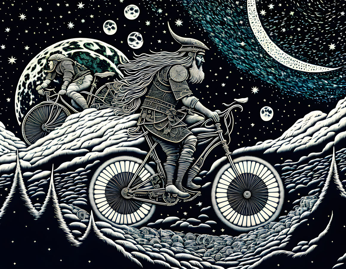 Bearded figure resembling Norse god Odin on bicycle in celestial sky