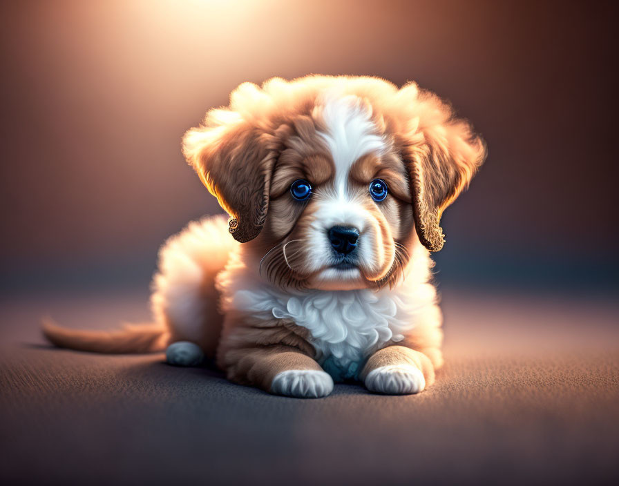 Fluffy Brown and White Puppy with Blue Eyes and Soft Background Light