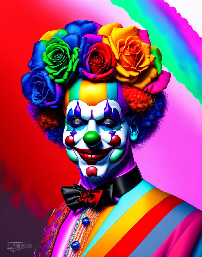 Colorful Clown with Rainbow Suit and Flower Crown