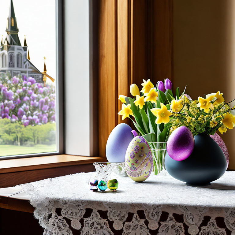 Windowsill adorned with Easter eggs and yellow flowers, church view.