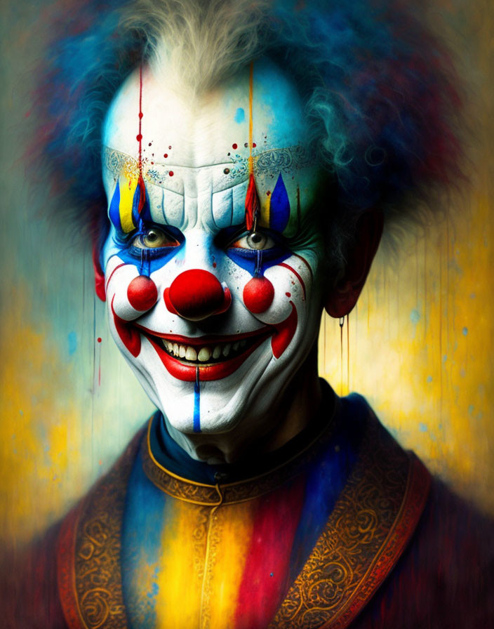 Colorful Clown Painting with Menacing Expression on Yellow Background