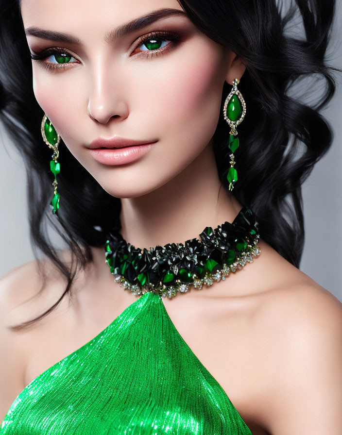 Woman with Striking Green Eyes Wearing Emerald Jewelry and Dress