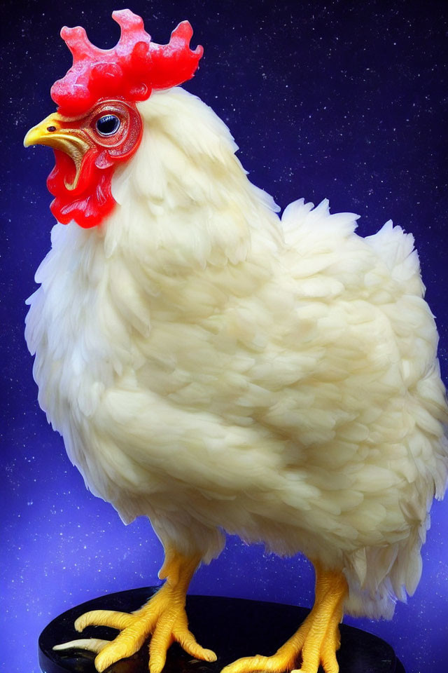 White Feathered Chicken with Red Comb on Starry Blue Background