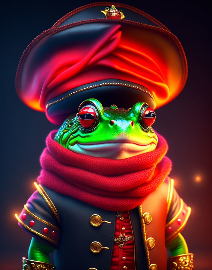 Colorful 3D illustration of a frog in ornate military attire