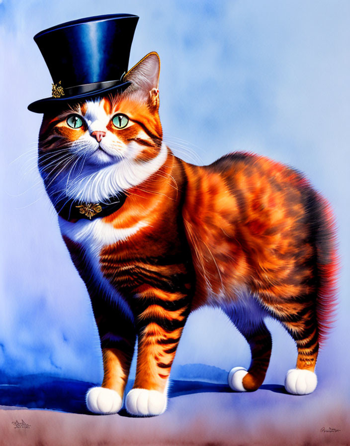 Digitally created image of orange tabby cat in top hat and bowtie