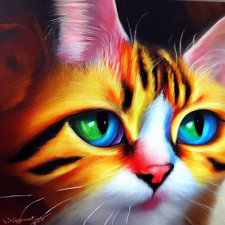 Close-up Painting: Vibrant Cat with Multicolored Eyes, Orange Fur, Stripes, Pink