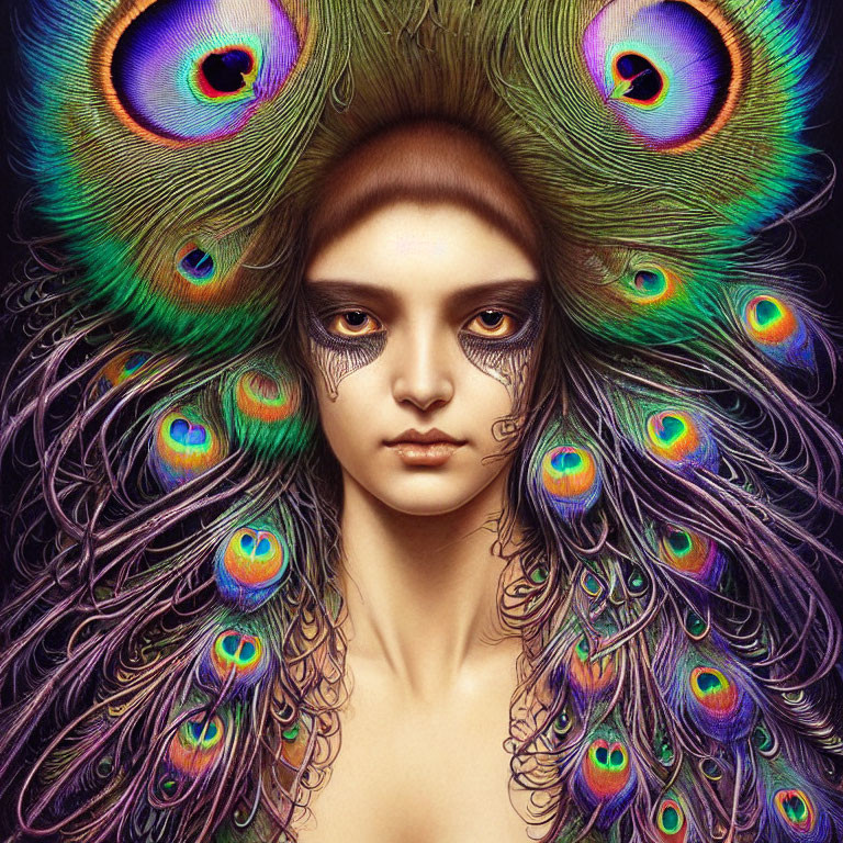 Vibrant digital artwork: person with peacock feather hair