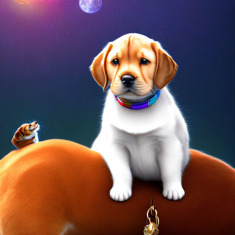 Whimsical digital illustration of large puppy with smaller version on nose in cosmic setting