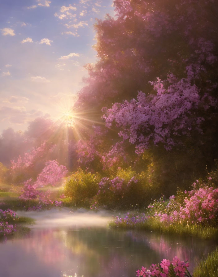 Tranquil landscape with pink blooming trees, sunburst, and misty pond