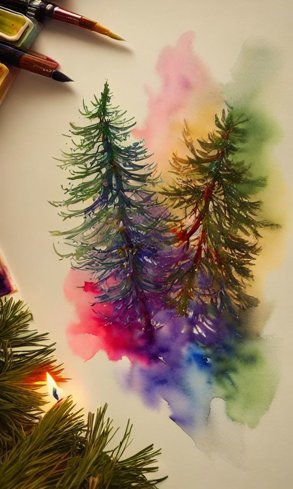 Serene watercolor painting of two pine trees with colorful background and artistic elements