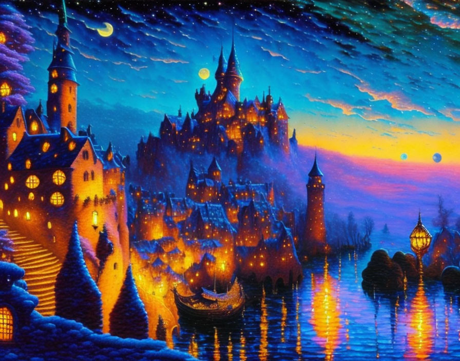 Fantasy artwork: illuminated castle, water reflection, stars, crescent moon, boats, gradient sky