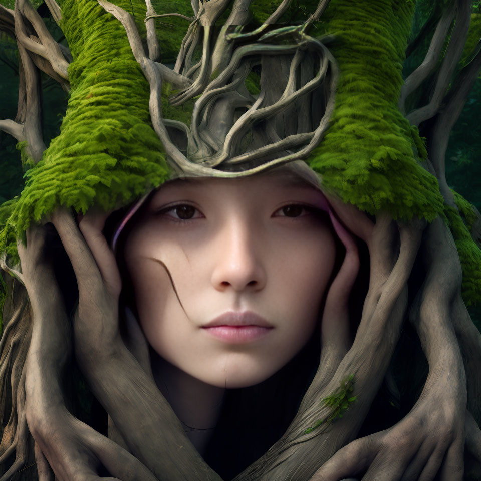 Woman's Face Framed by Wooden Hands and Branches with Green Moss