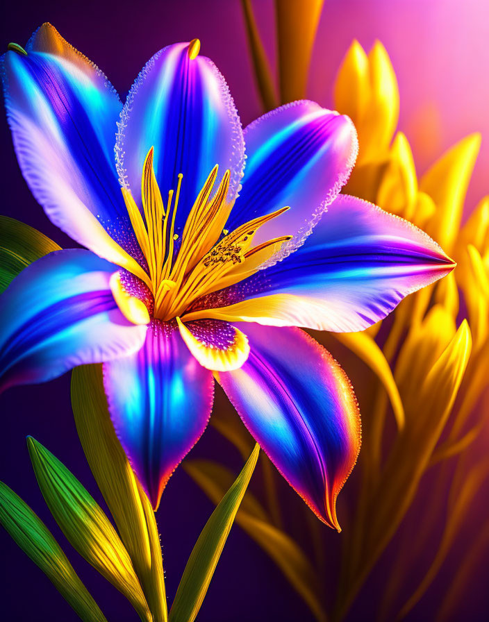 Colorful digital illustration of blue and purple flower on gradient purple and gold backdrop